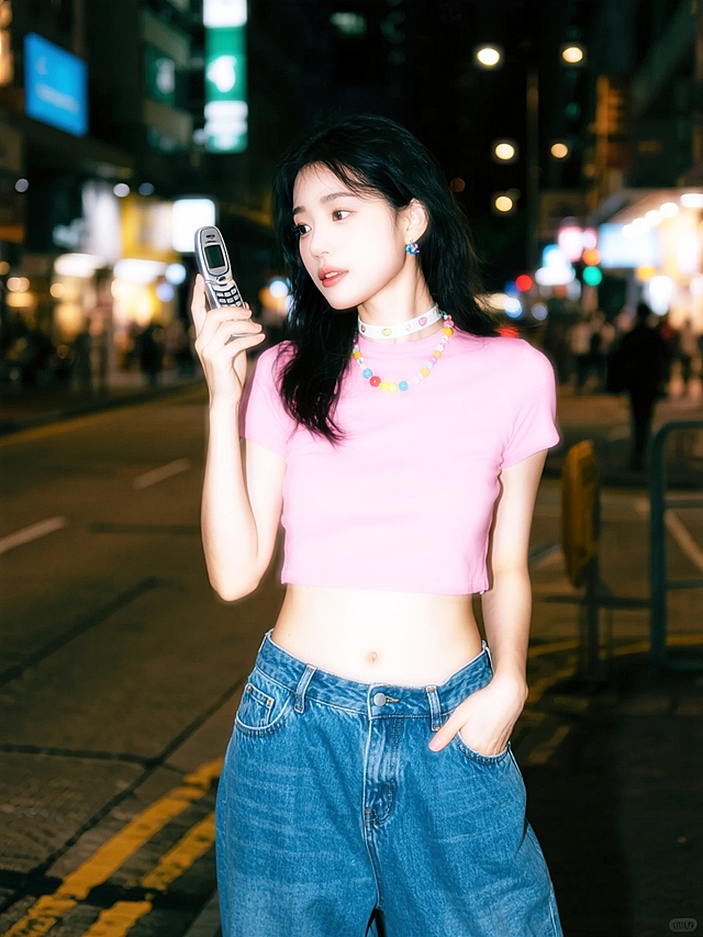 千禧年风格，身穿粉色露脐短上衣和宽松蓝色低腰牛仔裤，戴着彩色串珠项链和choker，背景是香港傍晚街头，手持翻盖手机，高饱和度色彩，胶片质感，全身照。