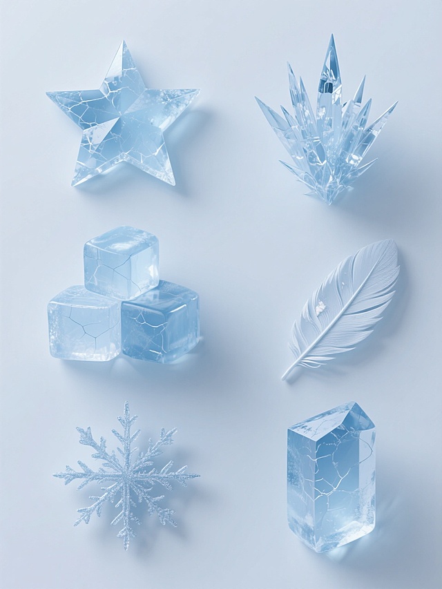 纯白背景上，六个具有高度写实3D质感的冰雪元素呈规整排布。每个元素均保持统一的淡蓝色调，表面有细腻的冰裂纹理和高光反射，呈现出半透明的冰晶效果。元素包括：棱角分明的六角星雪花、边缘锋利的冰锥簇、表面光滑的冰块堆叠、带有分支结构的冰晶柱、形似羽毛的精致冰花、以及不规则几何形状的冰棱柱。整体风格统一，光影效果一致，每个冰雪元素细节丰富，具有真实的冰冻质感和立体感，共同构成一个和谐的冰雪主题系列素材集合。