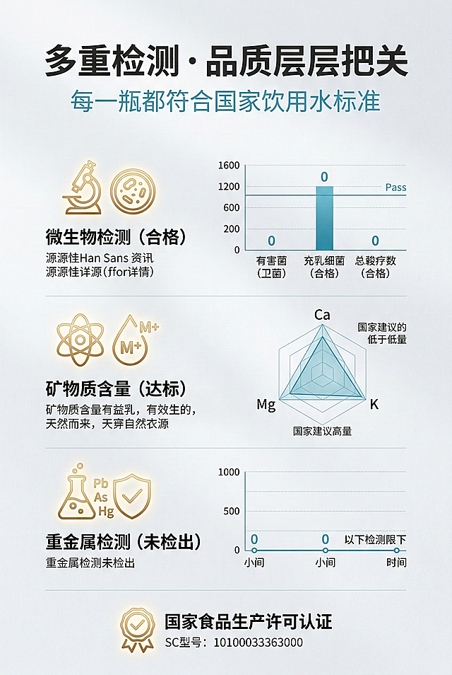 2:3竖版电商详情图，新中式极简风，杂志级数据可视化排版。画面无产品展示，纯数据与图标可视化呈现品质卖点。背景为浅灰色，搭配青蓝色简约线条与金色图标。信息布局：画面顶部主标题“多重检测・品质层层把关”，颜色为炭黑色；副标题“每一瓶都符合国家饮用水标准”，颜色为青蓝色；画面中部为三个核心检测数据模块，分别是“微生物检测（合格）”“矿物质含量（达标）”“重金属检测（未检出）”，每个模块搭配对应金色图标与简约数据图表；画面底部为“国家食品生产许可认证”图标。主标题使用思源黑体加粗，副标题使用思源黑体常规，正文使用思源宋体，文字符合品牌色彩规范。整体设计专业权威，数据展示清晰，排版符合杂志数据页风格，无杂乱元素。避免产品出现，数据图表模糊，图标风格不统一，背景杂乱，文字排版拥挤，低清晰度，认证标识虚假，色彩偏差。