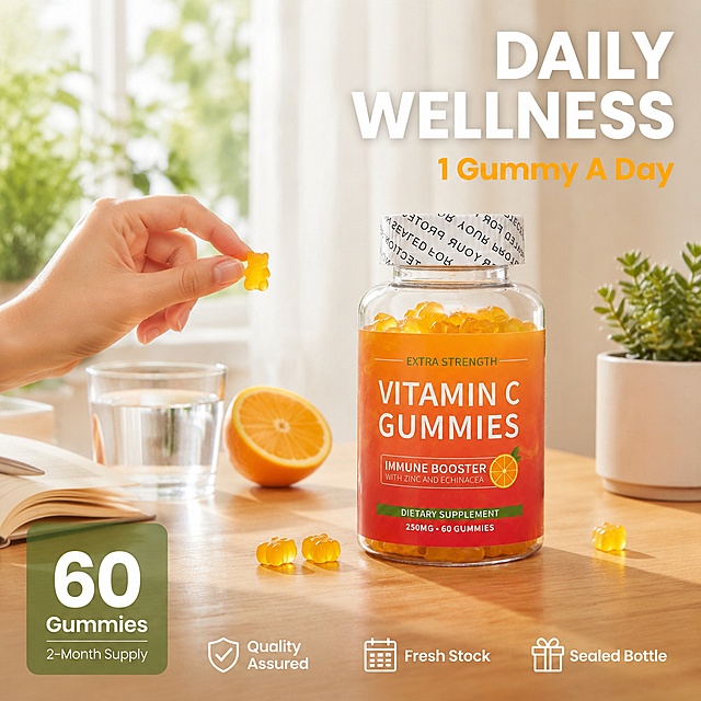 [主图-3] Vitamin C Gummies日常场景与规格展示图。
[氛围风格] 健康生活方式 清新自然 温暖日常 1688 B端信任感；
[画质] 商业摄影质感、光线柔和通透、产品清晰真实、画面干净高级。
[元素] 维生素C软糖透明瓶放置在浅木色桌面中央偏右，瓶身完整。左侧有一只手（仅露出手腕与手指局部）正拿起一颗橙黄色小熊软糖，动作自然。桌面搭配：一杯清水、半颗新鲜橙子、一本打开的浅色笔记本、一小盆绿色多肉植物。背景为白色纱帘透进的柔和自然光，窗外有模糊绿植剪影。桌面散落2-3颗小熊软糖，表面有Q弹光泽。**保持产品瓶身外观（即物理结构、材质质感、颜色、标签设计）与输入产品图一致，杜绝任何变形和色差，精细化处理**。商品主体占比约55%；画面满屏无边框。
[光影] 左侧自然窗光为主光，纱帘柔化后光线均匀温暖；右侧柔光补光，瓶身玻璃有柔和高光；桌面有自然投影与倒影，整体氛围温馨明亮，生活感强。
[配色] 主色暖木色、橙黄；辅色白色、浅绿、米色。
[视角构图] 平视微俯视角，桌面场景自然展开；前中后景分层丰富，景深中等，产品清晰背景柔和虚化。
[文字版式] 右上负空间右对齐留安全边距。主标题"DAILY WELLNESS"，白色大号粗体无衬线字，带轻微阴影；副标题"1 Gummy A Day"，橙黄色中号粗体，约主标题60%高。左下角信息卡：上方"60 Gummies"超大号白色粗体数字，下方"2-Month Supply"白色小号细体；信息卡为半透明深绿圆角矩形。底部中间横排三个小图标+文字：盾牌图标+"Quality Assured"、日历图标+"Fresh Stock"、礼盒图标+"Sealed Bottle"，白色小字配图标。所有文字清晰可读，横排从左到右。
[输出要求] 1:1比例，文字清晰锐利，画面超高清商业摄影质感。
[负向提示词] 变形，文字错乱，产品图模糊，背景杂乱，水印，电商平台Logo，多余的手，多余的手指，畸形手，融合手指，手部扭曲，肢体穿模，人物面部扭曲。