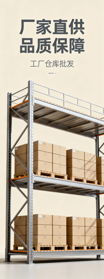 阁楼式重型仓储货架促销海报，展示仓储货架的承重力强特点，主打工厂仓库批发，设计风格简约大气，促销文字"厂家直供 品质保障"预览效果