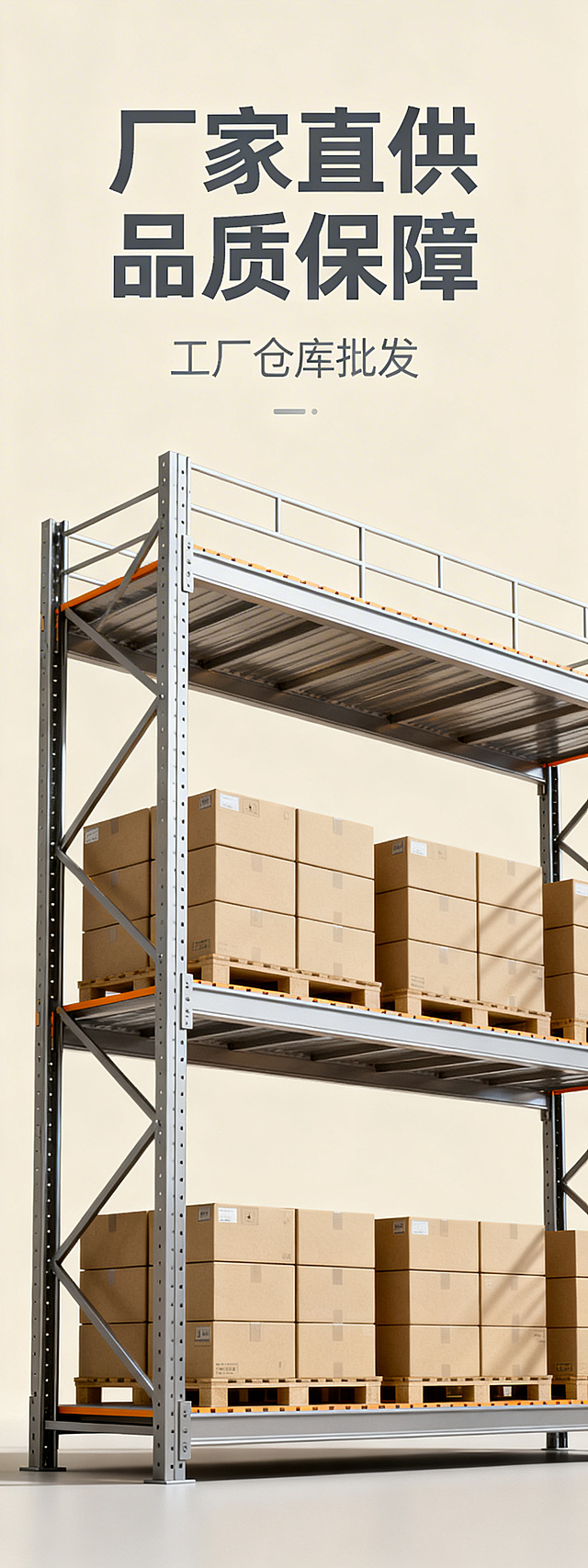 阁楼式重型仓储货架促销海报，展示仓储货架的承重力强特点，主打工厂仓库批发，设计风格简约大气，促销文字"厂家直供 品质保障"