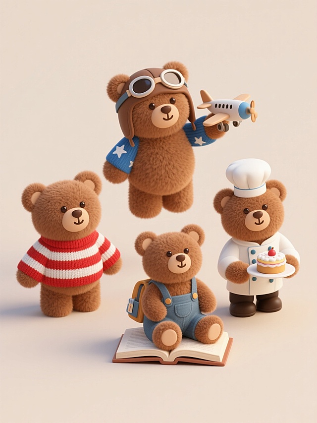 一组四个完全不同造型的棕色毛绒小熊玩具，均保持3D立体风格和柔软的绒毛质感，背景为纯色。第一个小熊穿着红白条纹毛衣配蓝色星星图案袖子；第二个小熊戴着飞行员帽子和护目镜，手持小飞机模型；第三个小熊穿着背带裤，胸前挂着小书包，坐在一本打开的书上；第四个小熊穿着厨师服，戴着厨师帽，手里端着一个小蛋糕。四个小熊等距规整排布，形成系列素材集合，每个小熊都有独特的姿态和配饰，面部表情温和可爱，整体保持统一的毛绒玩具材质感和温馨氛围。