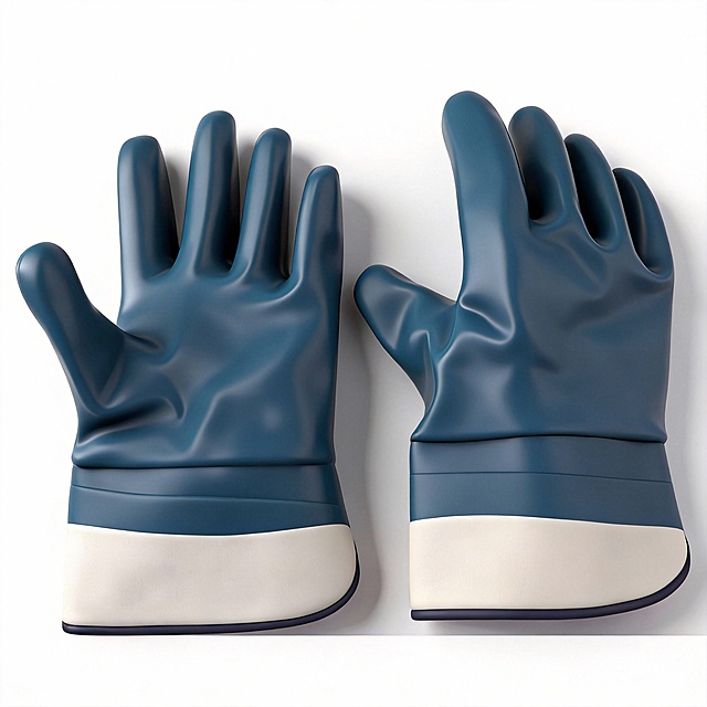 对工作手套进行专业产品摄影修饰。均匀地消除刺眼、不规则的光线，消除镜面高光，使其呈现出柔和的哑光效果。软化指关节和手掌周围的深层折痕，但保持自然折叠。增强材料质感，清洁任何斑点，在纯白色背景上呈现出如新但真实的工作手套。超现实，8K 细节