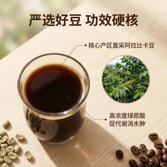 [垫图] 用户上传的黑咖啡图
[主图主题] 黑咖啡原料与功效展示
[氛围/风格] 自然真实风格，暖调光影，品质感
[画面元素] 咖啡杯放置在画面左侧，右侧搭配展示原产地埃塞俄比亚咖啡豆种植园实景小图，预览效果