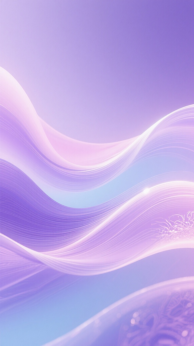 紫色渐变背景，融合淡紫色、粉紫色与浅蓝紫色的柔和过渡，带有流动感的波浪线条纹理，整体呈现出光滑细腻的丝绸质感，光线从多个方向柔和照射，形成明亮的高光和朦胧的反光效果，营造出梦幻、优雅且宁静的氛围，画面简洁大方，适合作为海报背景，可根据需要添加不同样式的花纹装饰。