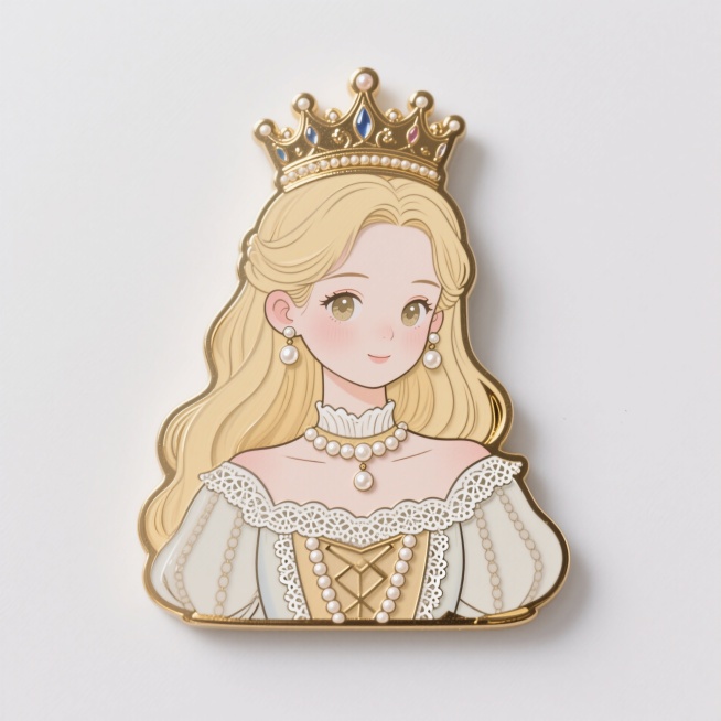 金边珐琅金属冰箱贴，欧美风，带珍珠耳钉的长发金发少女，珍珠，蕾丝，皇冠，华服，体现少女纯真的面容，低饱和配色。预览效果
