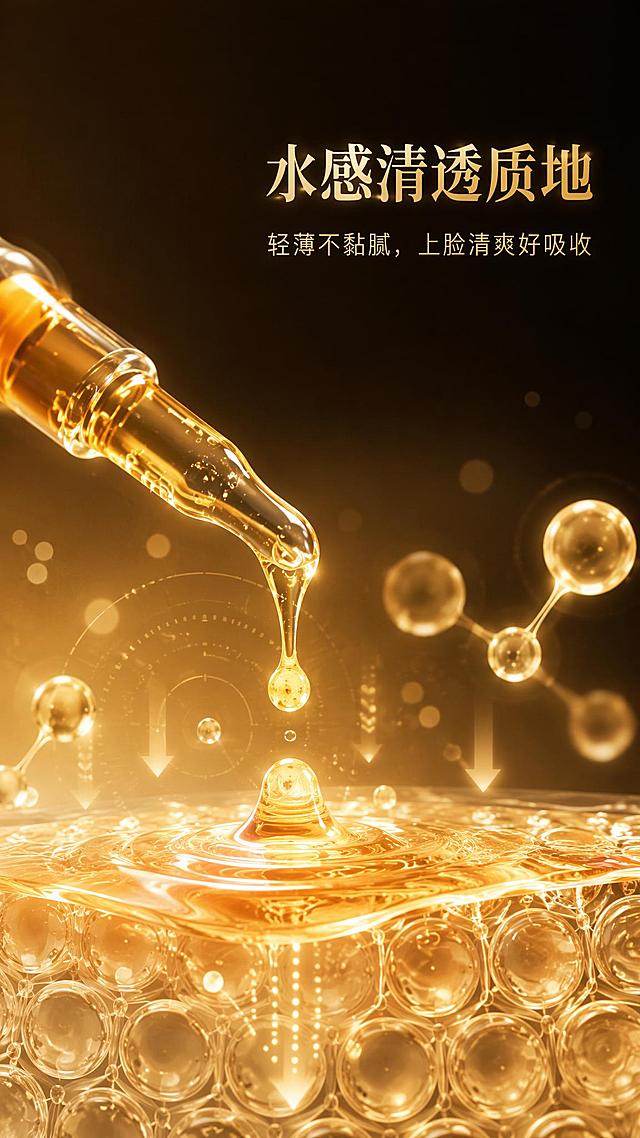 深棕金调轻奢高级风电商详情页第5屏，主文案“水感清透质地”居右上方，粗体鎏金色；副文案“轻薄不黏腻，上脸清爽好吸收”在主文案下方，纤细浅金色字体。画面左下方为橙色安瓶精华质地滴落特写（参考图中安瓶外观），精华液清透明亮呈橙黄色，周围飘散水润分子、渗透吸收示意图形，深棕金调柔和背景。4K超清，精华液体质感通透真实，水滴光影细腻，整体清透干净，质感高级，竖版9:16比例。