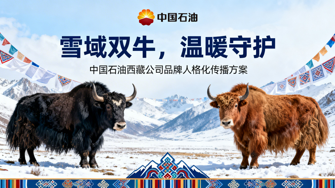 PPT封面设计，主标题文字"雪域双牛，温暖守护"，副标题文字"中国石油西藏公司品牌人格化传播方案"，左侧是一只壮硕的黑潮牦牛（硬核守护者），右侧是一只亲切的暖棕牦牛（温暖陪伴者），顶部是中国石油log预览效果