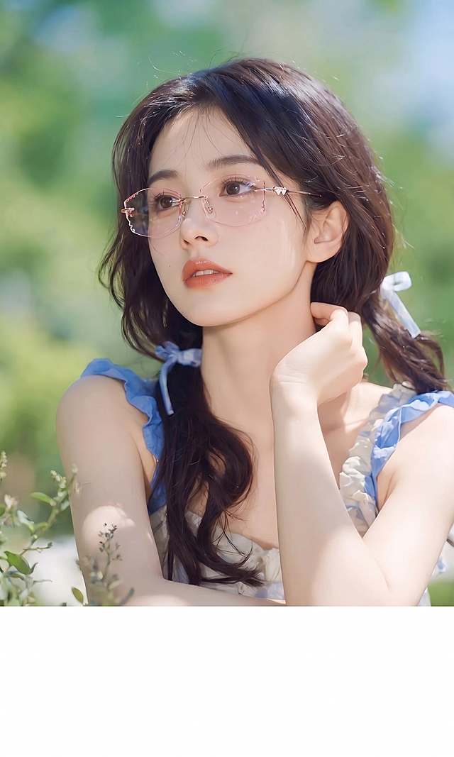 给图中的女生戴上第二张图里的玫金浅粉色无框眼镜，保持眼镜的所有细节（玫瑰金色镜架、爱心装饰、浅粉色切边镜片）不变，整体自然真实，保留原图人物和背景的所有特征