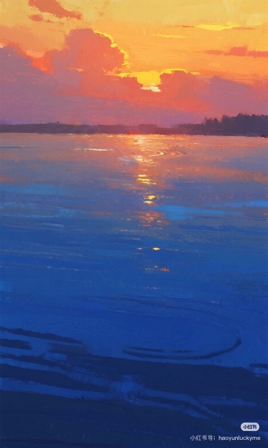 把图片上的船和人物去掉，保留原风格的日落湖面油画背景，保持原有的色彩和笔触不变，将原船和人物位置补成自然的水面预览效果