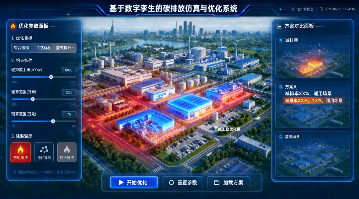 基于这张基于数字孪生的碳排放仿真与优化系统界面图进行修改：1. 文字错误修正：右上角用户名改为“管理员”，时间改为“2025-06-12 10:24:36”；左侧面板标题改为“优化参数面板”，底部提示预览效果