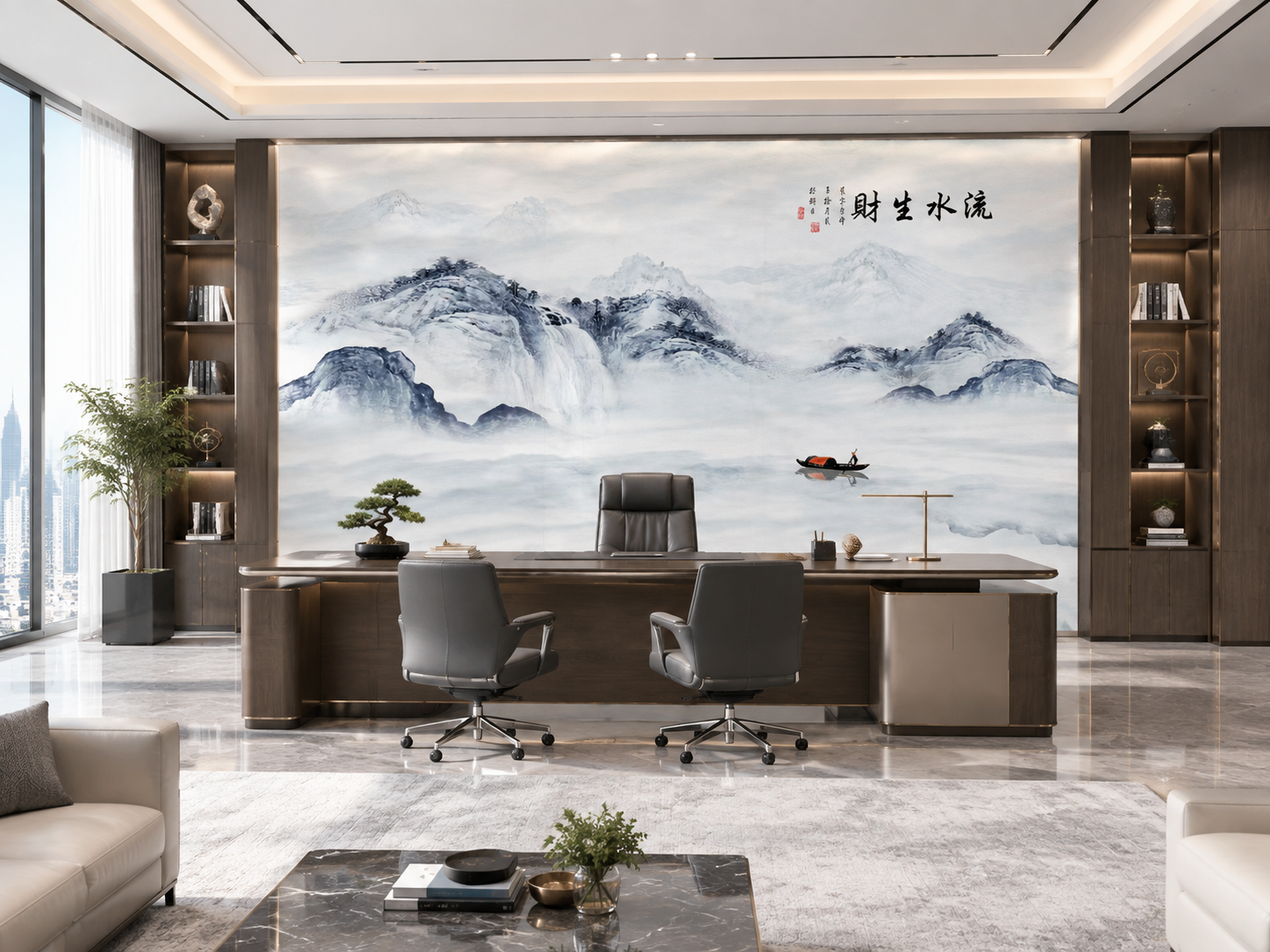 将参考图中的刺绣硬包背景墙图案完整放置在宽敞明亮大气的总裁老板… - 图片创意预览