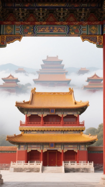 故宫宫殿建筑群，以红色为主色调，搭配金色装饰，展现出中国传统宫殿的宏伟与庄严。画面采用对称构图，前景是一座三层高的宫殿，屋顶为黄色琉璃瓦，屋檐下有精美的斗拱和彩绘。背景是层层叠叠的宫殿楼阁，远处的宫殿在云雾中若隐若现，营造出一种神秘而壮观的氛围。整个场景干净整洁，符合现实逻辑，适合作为背景素材使用。预览效果