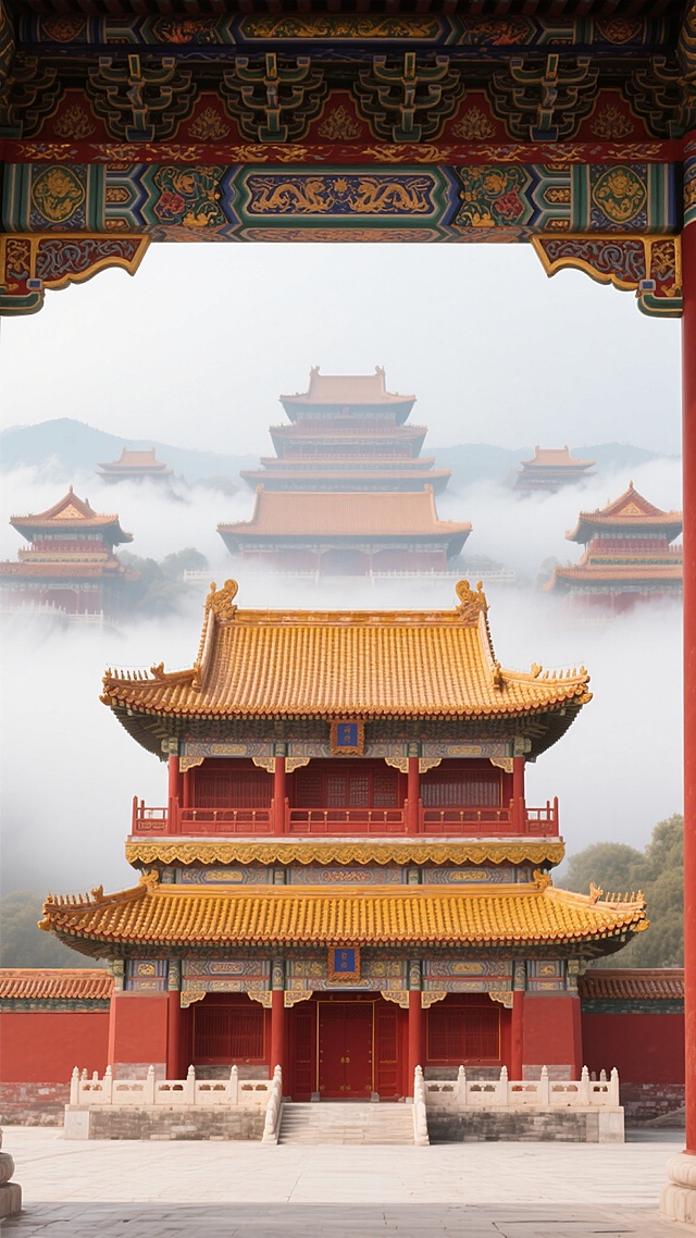 故宫宫殿建筑群，以红色为主色调，搭配金色装饰，展现出中国传统宫殿的宏伟与庄严。画面采用对称构图，前景是一座三层高的宫殿，屋顶为黄色琉璃瓦，屋檐下有精美的斗拱和彩绘。背景是层层叠叠的宫殿楼阁，远处的宫殿在云雾中若隐若现，营造出一种神秘而壮观的氛围。整个场景干净整洁，符合现实逻辑，适合作为背景素材使用。