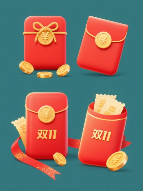 一套4个规整排布的电商营销素材，简约现代风格，纯色背景，无文字无logo无水印。第一个为原素材：两个红色红包，正面有金色圆形“¥”符号装饰，用金色细绳系成蝴蝶结，红包下方散落三枚带有“¥”符号的金色硬币，左侧和右侧各有一张卷起的黄色票券，底部有一条红色飘带，整体带有金色闪光和柔和的高光阴影效果，呈现出喜庆、立体的插画质感。第二个变体红包：保持原红包造型和元素布局，在红包正面适当位置加入金色“双……预览效果