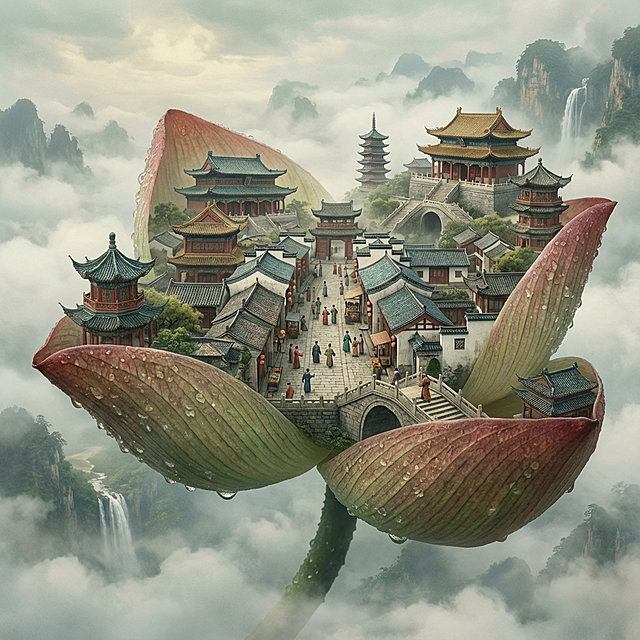 梦幻莲花托起古典中式城池，云雾缭绕间尽显朦胧唯美感，插画风与微缩艺术融合，超现实主义呈现东方诗意仙境。