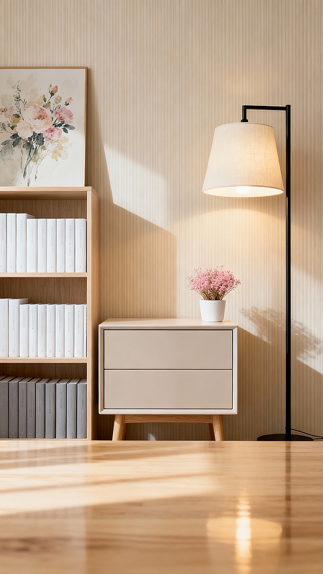 帮我生产五六张，这是一张现代简约风格的室内产品展示背景图，采用9:16的竖版构图。画面采用平视角度拍摄，主体床头柜产品位于画面中央偏下位置，营造出干净整洁的展示效果。背景环境是一个温馨的现代家居空间，整体色调以暖米色和浅木色为主，营造出舒适自然的氛围。背景墙是浅米色的竖条纹壁纸，纹理细腻柔和。画面左侧可见一个现代简约风格的书架，书架采用浅木色材质，分为上下两层。上层摆放着一些装饰画框，其中一幅是花卉图案的装饰画，色彩淡雅。下层整齐地摆放着几本精装书籍，书脊颜色以白色、灰色为主，与整体色调协调统一。右侧有一盏现代简约风格的落地灯，灯杆是黑色金属材质，灯罩是米白色的布艺材质，灯光柔和温暖，为整个空间增添了温馨的氛围。落地灯旁边有一个白色的小花盆，里面种植着粉色的干花，花朵造型自然，为空间增添了一丝生机。前景的桌面是浅色木质材料，表面光滑平整，反射着柔和的光线。整个空间的光线来自于自然采光和人工照明的结合，光线柔和均匀，没有强烈的阴影，营造出专业的产品展示效果。整体风格体现了现代北欧简约美学，注重功能性与美观性的平衡，色彩搭配和谐统一，空间层次丰富但不杂乱，非常适合作为高端产品的展示背景。