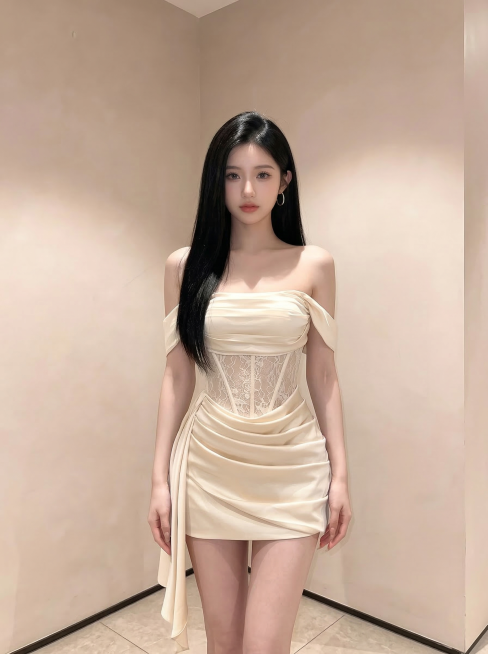 保留图3中人物的头部和黑色长直发型，将人物穿搭替换为米白色露肩蕾丝拼接缎面短裙，去掉包包，双手自然下垂，调整为模特般纤细腰肢和好身材比例，将背景替换为图4的室内浅米色墙面的简约室内场景，呈现半身画面预览效果