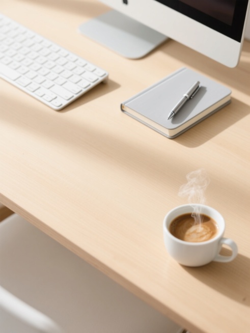 极简主义风格桌面场景，明亮柔和的自然顶光洒落在浅木色桌面上，左上角放置着白色无线键盘，右上角是半开的浅灰色硬壳笔记本与银色金属钢笔，右下角一杯冒着热气的拿铁咖啡，整体色调温暖治愈，桌面整洁留白，营造出简约现代的办公氛围，高清晰度，柔和阴影，质感细腻，适合作为桌面背景。预览效果