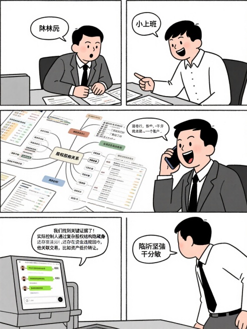 第三幕：突破困局的关键证据
 
时间：次日上午
地点：支行办公室
道具：股权关系图谱、银行流水、聊天记录截图
 
（林远和小王彻夜整理资料，终于绘制出完整的股权关系图谱，发现实际控制人通过多层嵌套公司预览效果