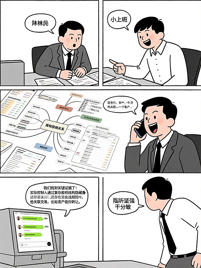 第三幕：突破困局的关键证据
 
时间：次日上午
地点：支行办公室
道具：股权关系图谱、银行流水、聊天记录截图
 
（林远和小王彻夜整理资料，终于绘制出完整的股权关系图谱，发现实际控制人通过多层嵌套公司隐藏身份。同时，他们从银行流水发现信贷资金疑似回流）
 
小王：（兴奋）林哥，你看！这笔信贷资金支付给关联方后，第二天就回到了集团另一个账户！这就是资金回流的证据！
 
林远：（立即拨通电话）周老师！我们找到关键证据了！实际控制人通过复杂股权结构隐藏身份，还存在资金违规回流的情况！
 
周敏：（严肃）干得好！这些证据至关重要！不过还要确认是否存在其他关联交易，比如资产低价转让。
 
林远：（坚定）明白！我这就去调取更多交易记录！