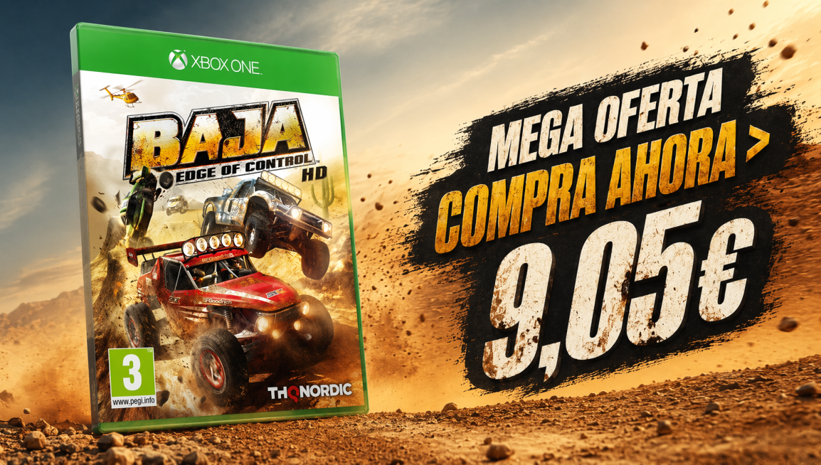修改图片中的文字，将Oferta especial替换为MEGA OFERTA，将COMPRE JÁ >替换为COMPRA AHORA>，其余内容和风格保持原图不变，沙漠赛车游戏促销海报风格不变预览效果