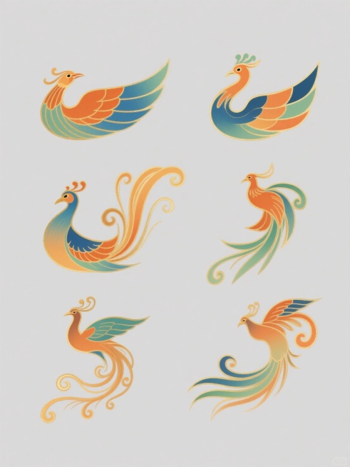 一张现代简约风格的纯色背景插画，画面中六个不同设计样式的凤凰图案呈规整排布，每个凤凰都延续了原图中凤凰的核心视觉特征：以金色描边勾勒轮廓，羽毛色彩丰富，包含橙色、蓝色、绿色的渐变过渡，尾羽飘逸且带有卷曲和分叉的细节，整体造型融合了传统元素与现代设计感，线条流畅优美，无任何文字、logo或水印。预览效果