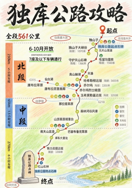 将这张独库公路攻略地图转换成蜡笔手绘风格，保持所有文字信息和路线站点完整不变预览效果