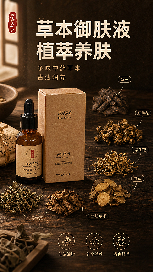 [主图-1] 草本植萃精华首图，突出古林奇草御肤液2号的中药草本溯源与水润功效，建立品牌调性。
[统一基调] 抖音9:16竖版主图，整体风格为东方草本中药质感，自然真实商业摄影风。背景主色为深棕褐色渐变，搭配暖调自然光。标题字色为米白色，辅助字色为浅棕褐色，强调色为草本墨绿色。字体为干净非衬线体，粗体大字标题，说明文字字号缩小50%以上。卡片采用牛皮纸质感圆角矩形，细线描边。
[画面] 产品（棕色滴管瓶+牛皮纸盒）位于画面中下偏左位置，占画面约45%，瓶身标签文字清晰可辨，"古林奇草""御肤液2号"字样完整。产品右侧及上方散落多种晒干后偏黑褐色的中药材草本植物：包括晒干的黄芩根段、干野菊花、忍冬花干、甘草片、龙胆草根、马齿苋干，均呈现中药饮片深褐偏黑的真实质感，形态自然不规整，部分草本用细线引线标注对应名称。背景为深棕色木质纹理桌面，上方有柔和窗光斜射，空气中有细微尘埃颗粒感，营造中药房古朴氛围。左上角放置古林奇草品牌Logo（红色印章样式）。画面上方留白放置主标题。
[光影质感] 商业摄影质感，左侧45度主柔光，右侧补光，产品瓶身有自然高光反射，草本植物纹理清晰，阴影柔和落在木质桌面上，整体暖调厚重，体现中药草本的沉淀感与真实感。
[配色] 深棕褐色主背景 + 米白标题 + 墨绿点缀 + 产品本身棕色玻璃瓶与牛皮纸盒，整体统一在暖棕中药色调中，绿色仅作为草本植物本身颜色出现，不做大面积色块。
[文字版式] 画面上方大标题："草本御肤液 植萃养肤"，米白色粗体大字。标题下方两行小字："多味中药草本 古法润养"，浅褐色小字。画面右下角有三个小图标加文字："清洁油脂""补水润养""清爽舒润"，每个图标为简约线性草本图标，配小字说明。文字均放在负空间，不遮挡产品主体。
[输出要求] 9:16竖版比例，2K高清，产品外观与输入图完全一致，文字清晰无错字，画面干净无多余杂物，无平台Logo无水印。负向：产品变形、标签错字、草本颜色鲜艳、悬浮、穿模、模糊、杂乱背景、人物面部。