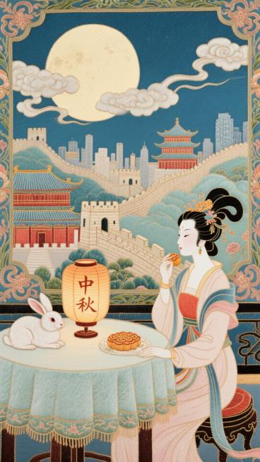 近景是嫦娥，长头发，头饰精致，衣服仙气飘飘，眼睛大一些，妆容精致，坐在圆桌上看建筑的侧影，玉兔趴在桌上吃月饼，桌上放着写着中秋的灯笼，整体布局在左下角小一点，背景是长城，古建筑，城市，花团锦簇，城市的预览效果