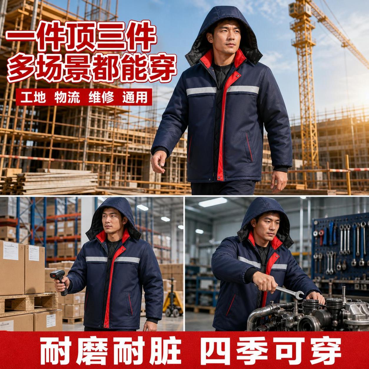 [主图-3] 藏青色加棉劳保棉服多场景适用展示图 拼多多风格。… - 图片创意预览