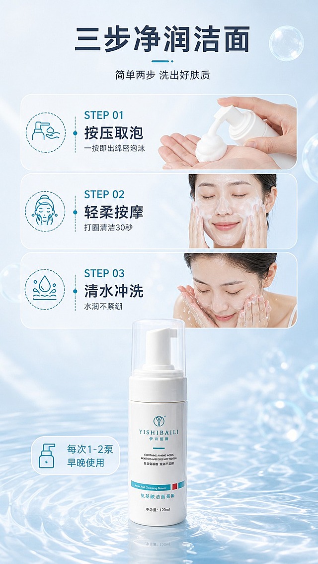 [商品] 使用【图1】伊诗佰俪氨基酸洁面慕斯白色按压泵瓶；保留瓶身所有结构、颜色、Logo和文字；在步骤中分别展示按压出泡、上脸清洁、冲洗三个状态。
[画面] 页面目标：使用步骤演示，让用户清晰了解洁面流程。构图：画面纵向分为上中下三段，展示3步洁面流程：第1步「按压取泡」—— 手部按压泵头出泡沫；第2步「轻柔按摩」—— 双手带泡沫在脸部打圈；第3步「清水冲洗」—— 捧水冲洗面部；每步配小图+文字说明；顶部放主标题，底部露出产品瓶身全貌。背景为浅蓝渐变，带柔和水波纹。
[视觉] 套系策略：风格=清透水润高级商业摄影风；标题字=现代简约无衬线粗体；正文字=纤细无衬线体；主色=浅冰蓝+纯白；背景延展=基于浅冰蓝做深浅渐变、水波纹质感、云雾层次延展；强调色=湖蓝色，仅用于小面积图标下划线、标签、引线和点缀光效；标题色=深炭灰蓝；正文色=中灰蓝；组件=圆形虚线边框icon、细横线分隔、圆角半透明白底信息卡；光影=柔和自然光，每步画面光线统一。
[文字] 顶部主标题「三步净润洁面」，副标题「简单两步 洗出好肤质」；三步分别标注：「STEP 01 按压取泡 一按即出绵密泡沫」「STEP 02 轻柔按摩 打圈清洁30秒」「STEP 03 清水冲洗 水润不紧绷」；底部产品旁标注「每次1-2泵 早晚使用」；所有文字横排。
[规格] 图片比例9:16竖版，4K分辨率，淘宝/天猫详情页适配；负向提示：避免变形、错字、文字过小、产品颜色改变、瓶身文字错乱、竖排文字、医疗功效宣称。