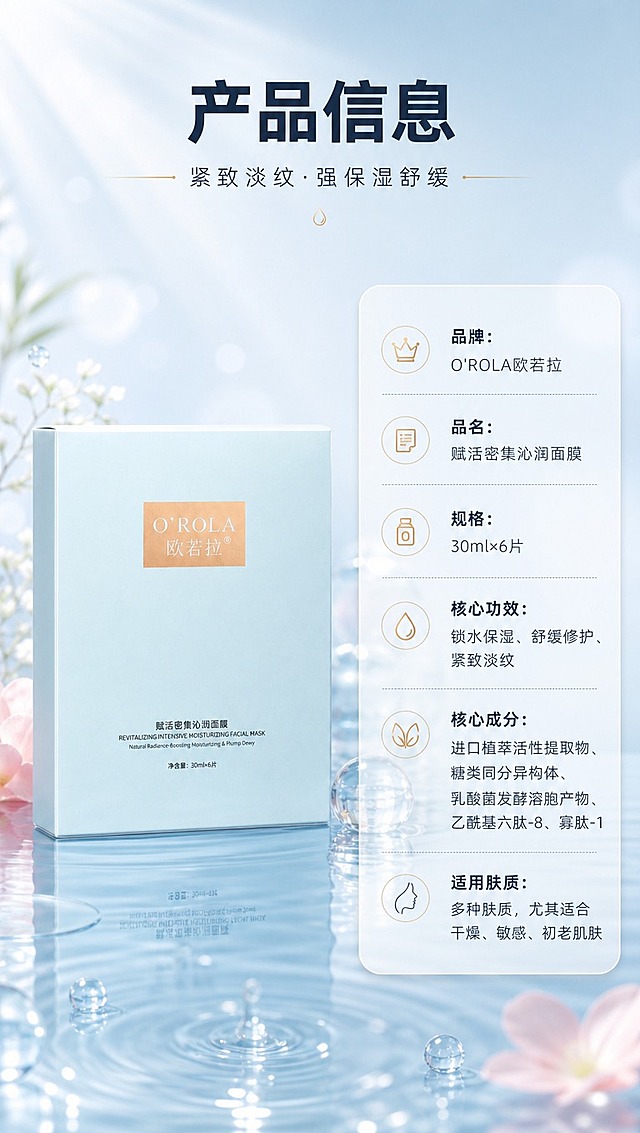 [商品] 使用【图1】欧若拉赋活密集沁润面膜，浅蓝色外盒正面展示；保留O'ROLA欧若拉Logo、产品名称文字、包装颜色、材质和盒型结构；产品位于画面左侧，占画面约40%。
[画面] 页面目标：产品信息规格页，收口参数信息。左物右表布局：左侧产品立放，底部有水面倒影；右侧竖排参数信息表，用圆角半透明卡片承载；背景为浅蓝渐变+柔和光斑+底部水波纹，≥3层视觉层次。
[视觉] 套系策略：风格=高级水光植萃商业摄影风；标题字=现代简约粗黑体；正文字=纤细优雅无衬线体；主色=清透浅蓝+柔粉；背景延展=基于浅蓝做水波纹、渐变、透明水滴和光斑层次，粉色点缀产品与卡片；强调色=浅金色，仅用于小面积图标、引线、标签和装饰线条；标题色=深藏青；正文色=中灰蓝；组件=圆角半透明信息卡、细线引线、圆形成分图标；光影=左前侧柔和自然光，产品底部有水面倒影，整体通透明亮。
[文字] 顶部主标题「产品信息」，副标题「紧致淡纹·强保湿舒缓」；右侧参数表：品牌：O'ROLA欧若拉 / 品名：赋活密集沁润面膜 / 规格：30ml×6片 / 核心功效：锁水保湿、舒缓修护、紧致淡纹 / 核心成分：进口植萃活性提取物、糖类同分异构体、乳酸菌发酵溶胞产物、乙酰基六肽-8、寡肽-1 / 适用肤质：多种肤质，尤其适合干燥、敏感、初老肌肤；文字全部横向排版，字号保证手机端清晰可读。
[规格] 图片比例9:16竖版，4K分辨率，负向提示：避免变形、错字、文字过小、模糊、产品颜色改变、包装文字错乱、医疗功效承诺、极限词、居中单品+底部三行icon简化收口。