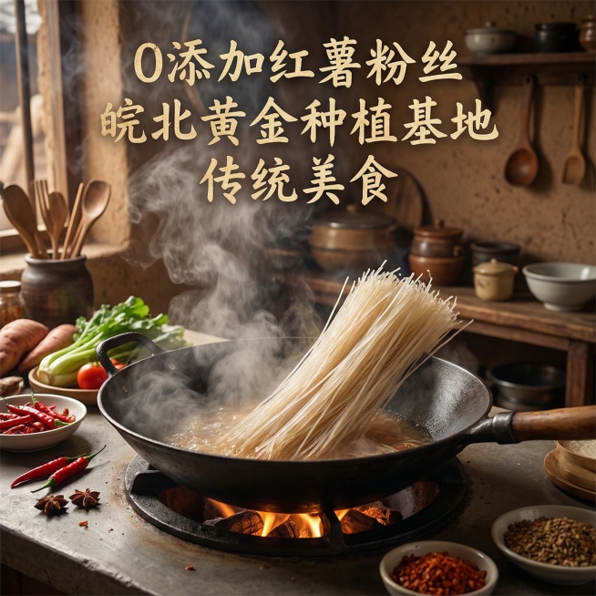 以红薯粉丝为主体，搭配文案"0添加红薯粉丝，皖北黄金种植基地，传统美食"，制作成烟火气风格电商产品主图，背景加入厨房灶台、铁锅等元素，突出美食烹饪场景预览效果