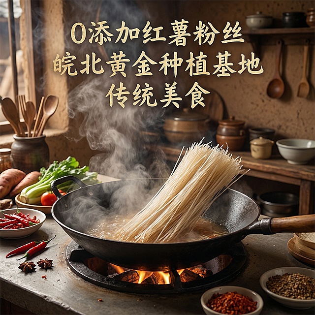 以红薯粉丝为主体，搭配文案"0添加红薯粉丝，皖北黄金种植基地，传统美食"，制作成烟火气风格电商产品主图，背景加入厨房灶台、铁锅等元素，突出美食烹饪场景
