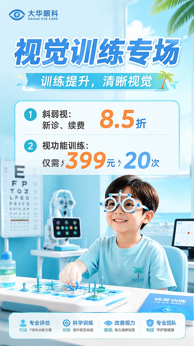 大华眼科视觉训练优惠海报，主标题大字：视觉训练专场，副标题：训练提升，清晰视觉，列出优惠：1. 斜弱视：新诊、续费"8.5"折 2. 视功能训练：仅需"399"元"20"次，更换为天蓝色浅青色调，清爽夏日风格，贴合夏天主题，小孩穿着夏季短袖衣服，结合视训主题添加视力表、训练仪器元素，明亮清爽，专业活力，移除二维码占位，写实商业摄影，版式精美，画面中所有数字必须精确渲染，不得错位、遗漏或编造，比例 9:16，宽度 1080，高度 1920，分辨率 4k
