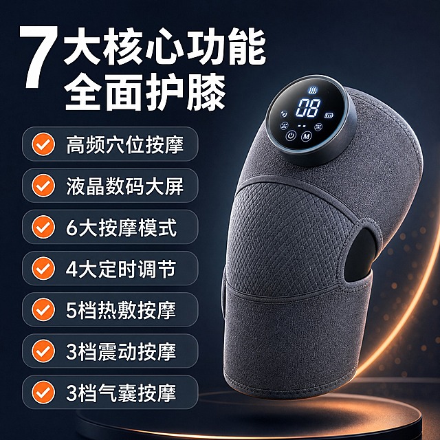 [主图-2] 核心价值与关键卖点，集中展示加热护膝的7大核心功能卖点。
[统一基调] 淘宝/天猫电商主图，专业品质感，温暖科技风；主色深灰蓝背景+暖橙点缀，标题白色粗体大字，辅助文字浅灰，强调色暖橙色，圆角图标卡片，现代无衬线字体，字号层级分明。
[画面] 画面右侧展示一只深灰色加热护膝的立体产品图，护膝略微倾斜，控制器大屏朝向观众，屏幕亮起显示数字，占画面约40%。左侧为卖点信息区，顶部主标题大字"7大核心功能 全面护膝"，下方纵向排列7个带勾选图标的卖点条，每个卖点条左侧是橙色圆形勾选图标，右侧是白色文字：高频穴位按摩、液晶数码大屏、6大按摩模式、4大定时调节、5档热敷按摩、3档震动按摩、3档气囊按摩。7个卖点条整齐排列，间距均匀。
[光影质感] 商业棚拍质感，护膝立体感强，控制器屏幕有冷光，网眼材质纹理清晰，背景有轻微渐变和光斑，整体干净高级。
[配色] 深蓝灰背景+暖橙图标+白色主标题+白色卖点文字+深灰护膝。
[文字版式] 主标题在左侧上方，白色粗黑体大号字；7个卖点纵向排列，图标左对齐，文字左对齐，字号中号清晰可读；卖点条背景为半透明深灰圆角矩形。
[输出要求] 1:1正方形比例，2K分辨率，产品清晰，文字无错字，画面干净，无水印无平台Logo，禁止变形、模糊。