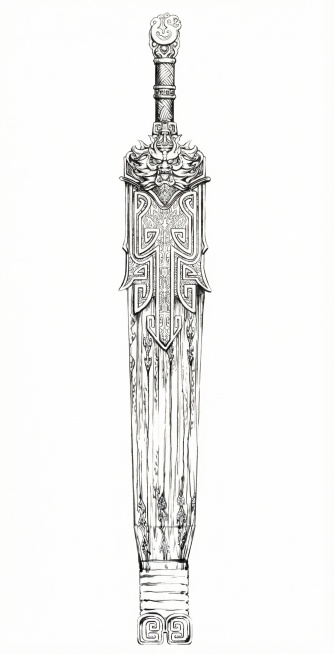 把图片上的剑生成毛笔线描线稿，花纹精细刻画，不要背景预览效果
