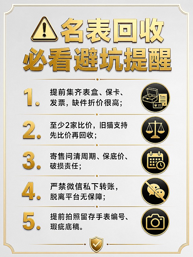 抖音图文内页，竖版3:4，浅灰底，黑金轻奢风，配警示小图标。大标题金色加粗：“⚠️名表回收必看避坑提醒”。下方5条要点，每条序号金色加粗，正文黑色：1.提前集齐表盒、保卡、发票，缺件折价很高；2.至少2家比价，旧猫支持先比价再回收；3.寄售问清周期、保底价、破损责任；4.严禁微信私下转账，脱离平台无保障；5.提前拍照留存手表编号、瑕疵底稿。整体简洁高级，重点突出，文字清晰不裁切，四周留安全边距，4K高清。