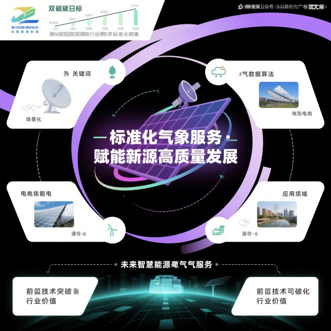 现代科技感强视觉冲击的信息图，中心辐射式加通栏环绕布局，核心标题居中，四大板块环绕排布。主视觉区：新能源风机光伏板搭配气象雷达卫星线条插画，渐变科技底纹，居中加粗主标题和短句标语"标准化气象服务・赋能预览效果
