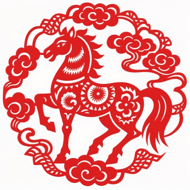 生肖马图腾，红色镂空骏马造型，装饰吉祥花纹，周围环绕祥云、如意纹样，对称构图，白色背景预览效果