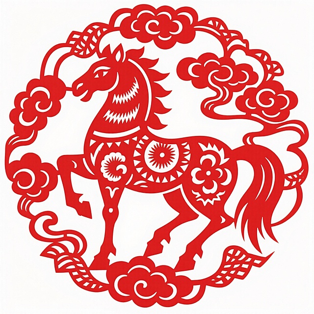 红色剪纸风骏马图，融合民族与国潮元素，单色设计凸显中式喜庆感，祥云环绕，寓意吉祥如意。