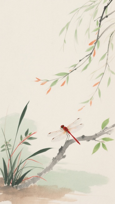 中国水墨画风格，淡雅米色宣纸背景，柔和的淡绿色与浅棕色晕染，笔触轻盈写意，留白充足，营造宁静自然的氛围。画面右侧上方有飘逸的柳枝，细长的枝条上点缀着嫩绿的柳叶，部分叶子带有淡淡的橙红色调。画面下方左侧有几丛细长的兰草，叶片呈深绿色，边缘带有红色线条。画面中央偏下位置，一只红色的蜻蜓停栖在灰褐色的细树枝上，翅膀透明，身体纤细，头部微微抬起，周围环绕着几片嫩绿的新叶，整体构图疏朗有致，意境悠远。预览效果