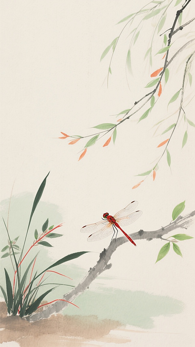 中国水墨画风格，淡雅米色宣纸背景，柔和的淡绿色与浅棕色晕染，笔触轻盈写意，留白充足，营造宁静自然的氛围。画面右侧上方有飘逸的柳枝，细长的枝条上点缀着嫩绿的柳叶，部分叶子带有淡淡的橙红色调。画面下方左侧有几丛细长的兰草，叶片呈深绿色，边缘带有红色线条。画面中央偏下位置，一只红色的蜻蜓停栖在灰褐色的细树枝上，翅膀透明，身体纤细，头部微微抬起，周围环绕着几片嫩绿的新叶，整体构图疏朗有致，意境悠远。