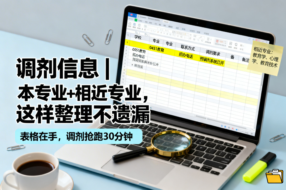浅灰蓝背景，主体是笔记本电脑屏幕，显示Excel表格，列头为【学校】【专业】【联系方式】【调剂要求】【备注】📊，表格内有几行已填示例，部分单元格用黄色高亮，如“0451教育”“招办电话”“预调剂系统预览效果