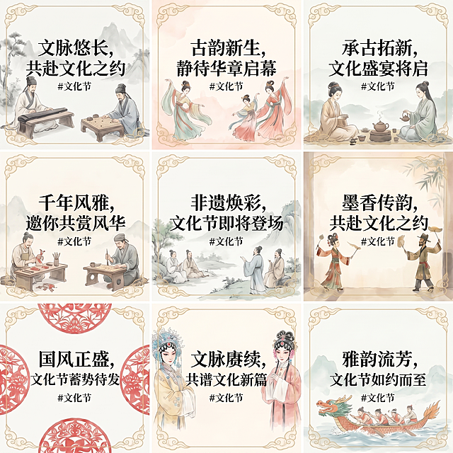 1080×1080像素国风文化节九宫格图，保留每个格子内原有的对应主题国风淡彩插画与金色祥云装饰边框，将9个格子内的原有文案依次替换为："文脉悠长，共赴文化之约 #文化节"、"古韵新生，静待华章启幕 #文化节"、"承古拓新，文化盛宴将启 #文化节"、"千年风雅，邀你共赏风华 #文化节"、"非遗焕彩，文化节即将登场 #文化节"、"墨香传韵，共赴文化之约 #文化节"、"国风正盛，文化节蓄势待发 #文化节"、"文脉赓续，共谱文化新篇 #文化节"、"雅韵流芳，文化节如约而至 #文化节"，所有新文案使用统一的黑色典雅书法字体，居中适配格子空间，整体画面国风雅致协调