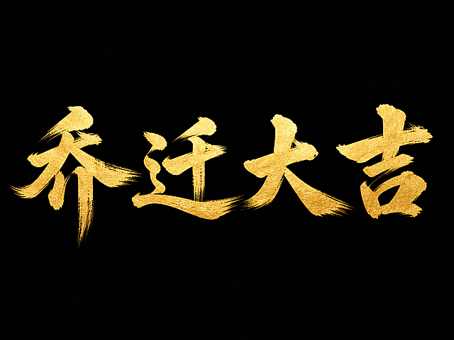 干净的纯黑色背景。平面艺术字体设计，主体文字：乔、迁、大、吉，四个字单行横向整齐排列，书法手写毛笔字体，每一个笔画都有书法飞白笔触效果，金色烫金肌理质感，笔画粗重有力，粗细对比明显，笔画末端自然散开收束，整体风格大气霸气。仅包含4个字："乔"、"迁"、"大"、"吉"，不得增加、遗漏或替换任何一个字。文字整体必须完整呈现在画面内不可被裁切，四周留有安全边距。比例宽高比为4:3。