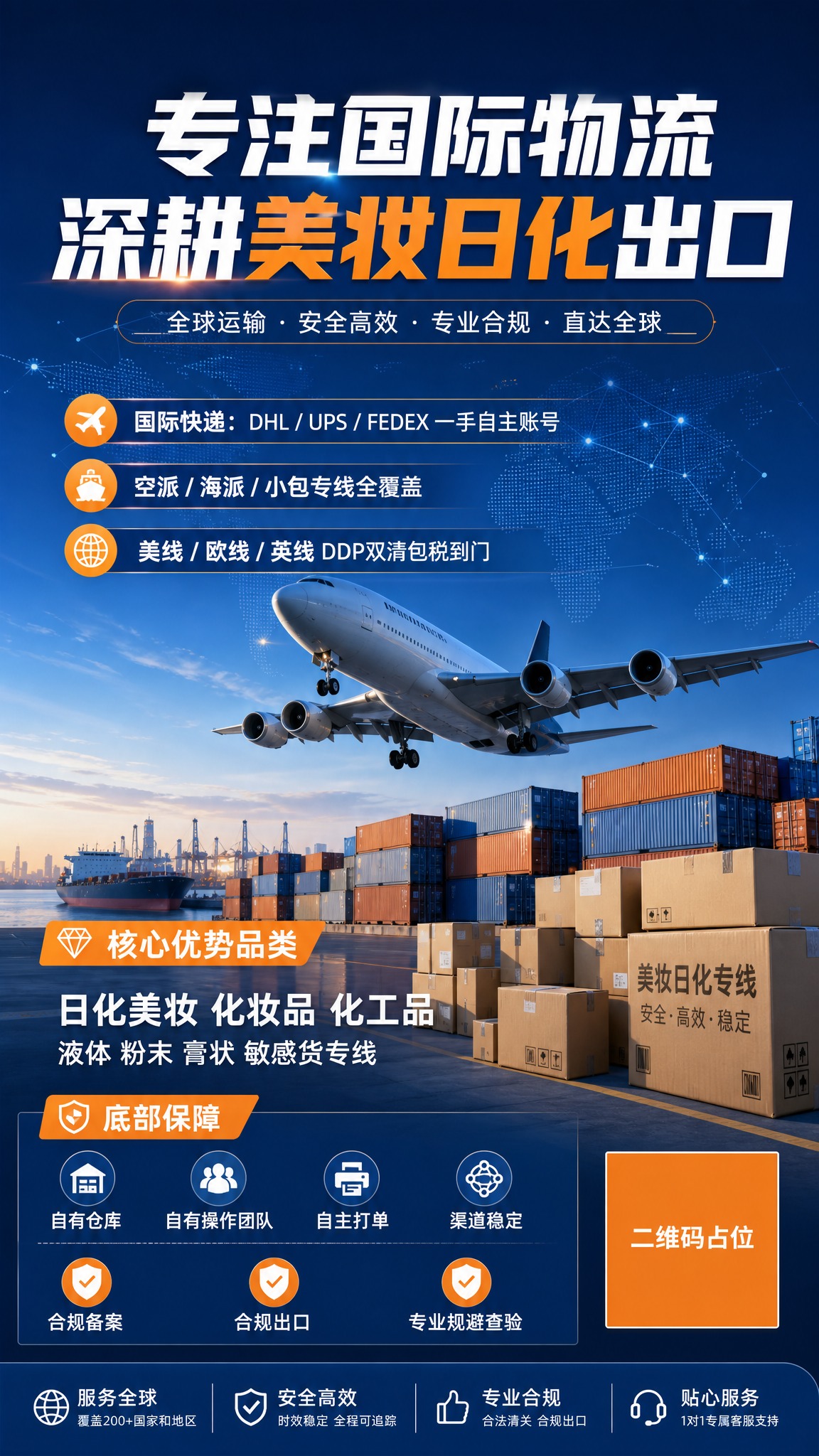 现代商务科技风格跨境物流商业海报，竖版9:16比例。画面主体：… - 图片创意预览