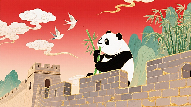 画面主视觉是长城，边上有熊猫在长城上吃竹子，背景是竹林、祥云、和平鸽，红色渐变色彩，整体营造出喜庆、富有传统韵味且充满节日氛围的视觉效果。